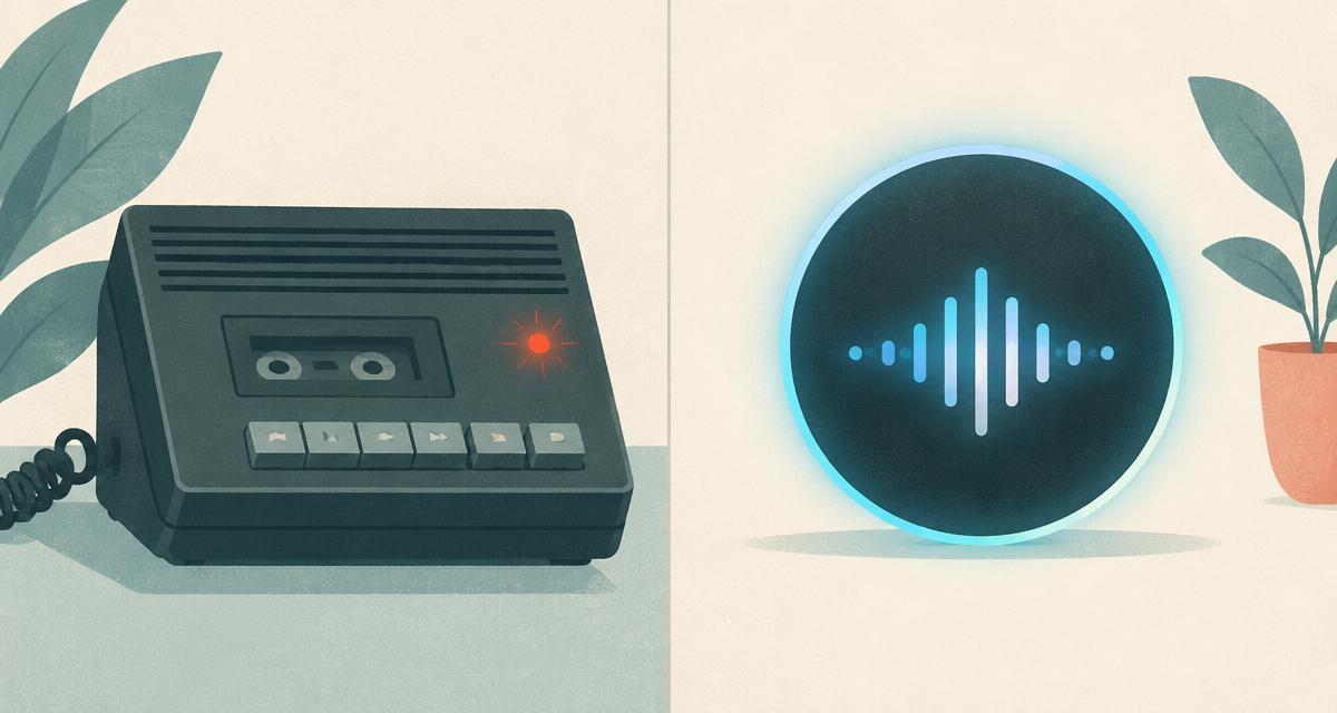 Comparison between an old answering machine and a voice waveform from an AI-powered agent