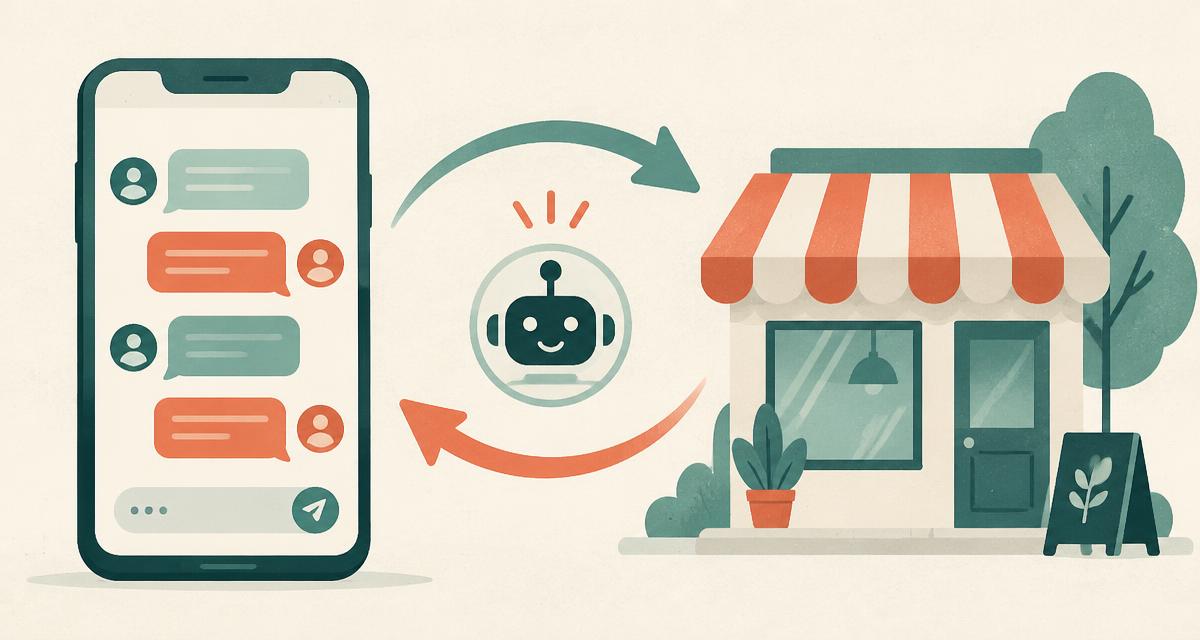 Phone with a chat conversation connected by automation arrows to the storefront of a local business