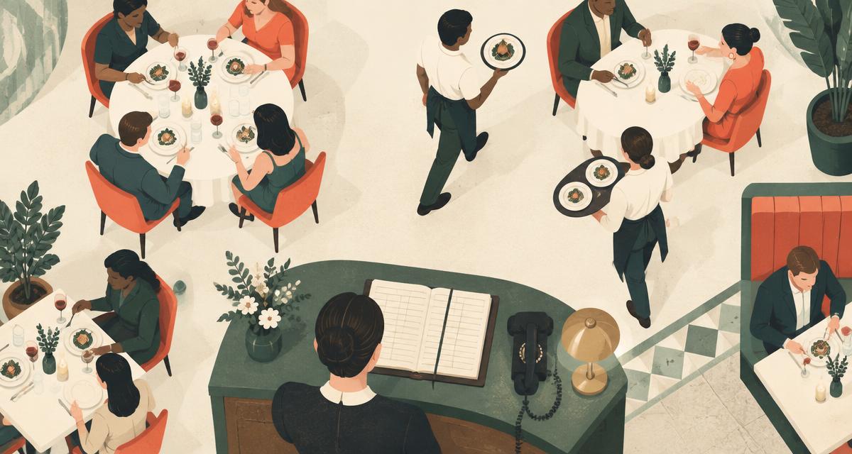 Overhead view of a full restaurant dining room with the reservation book and phone at the host stand